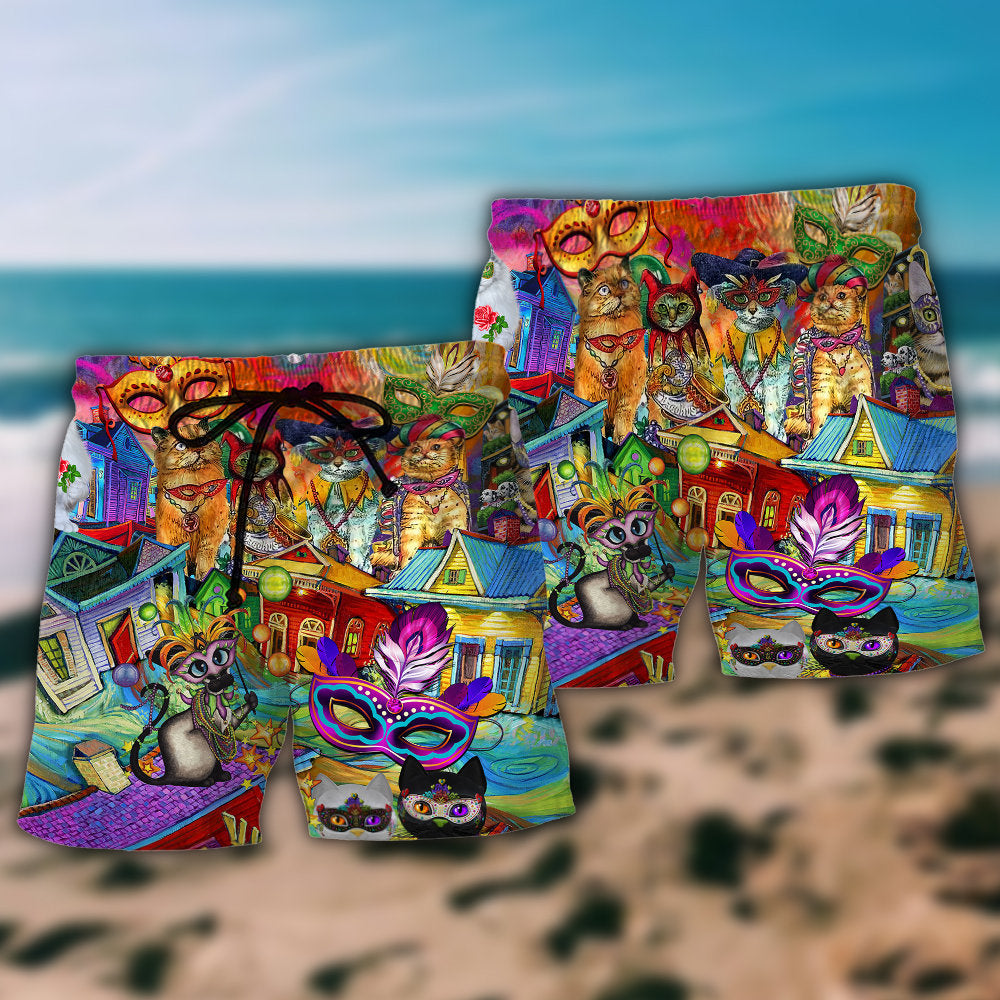 Mardi Gras Cat Festival Beach Shorts Pattern Detail For Poolside Fun And Easygoing Coastal Style