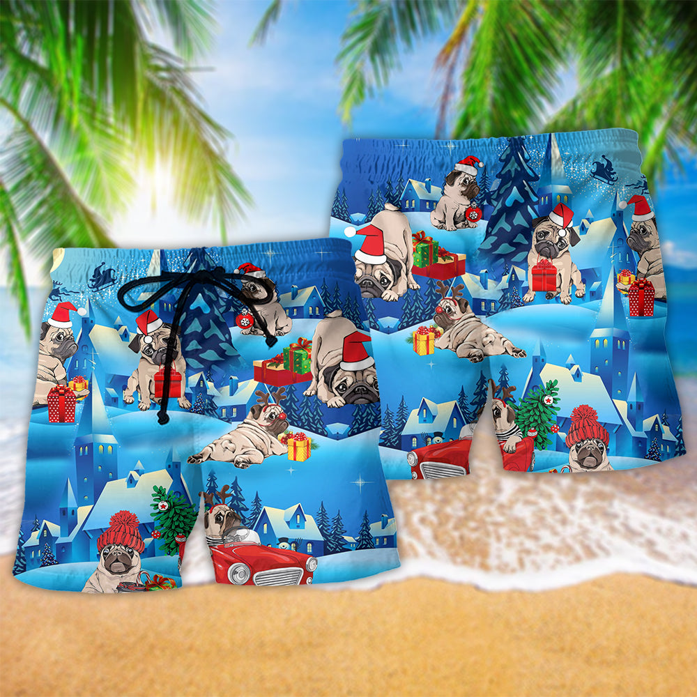 Merry Christmas Pug Dog Beach Shorts Pattern Detail For Relaxed Weekends And Comfortable Daily Wear