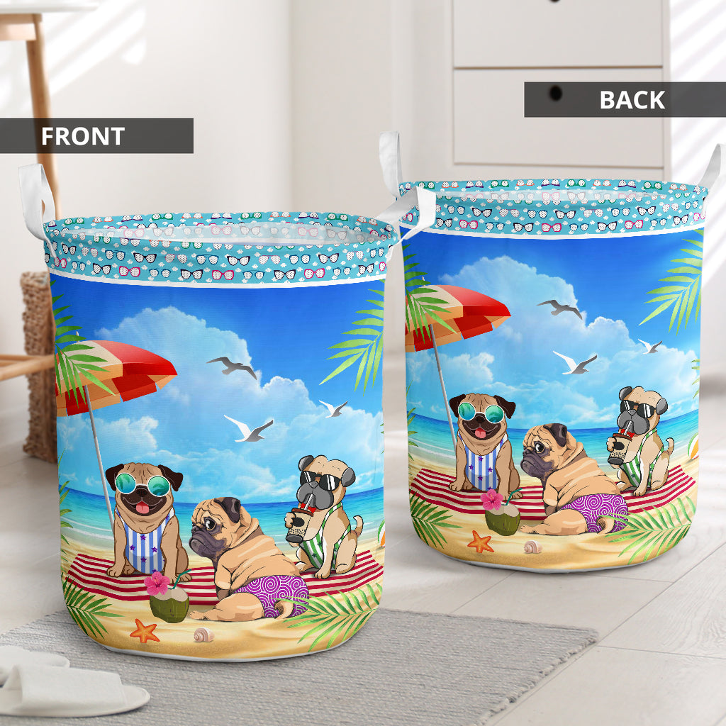 Pug Dog And Beach Summer Laundry Basket For Room Home Organizer