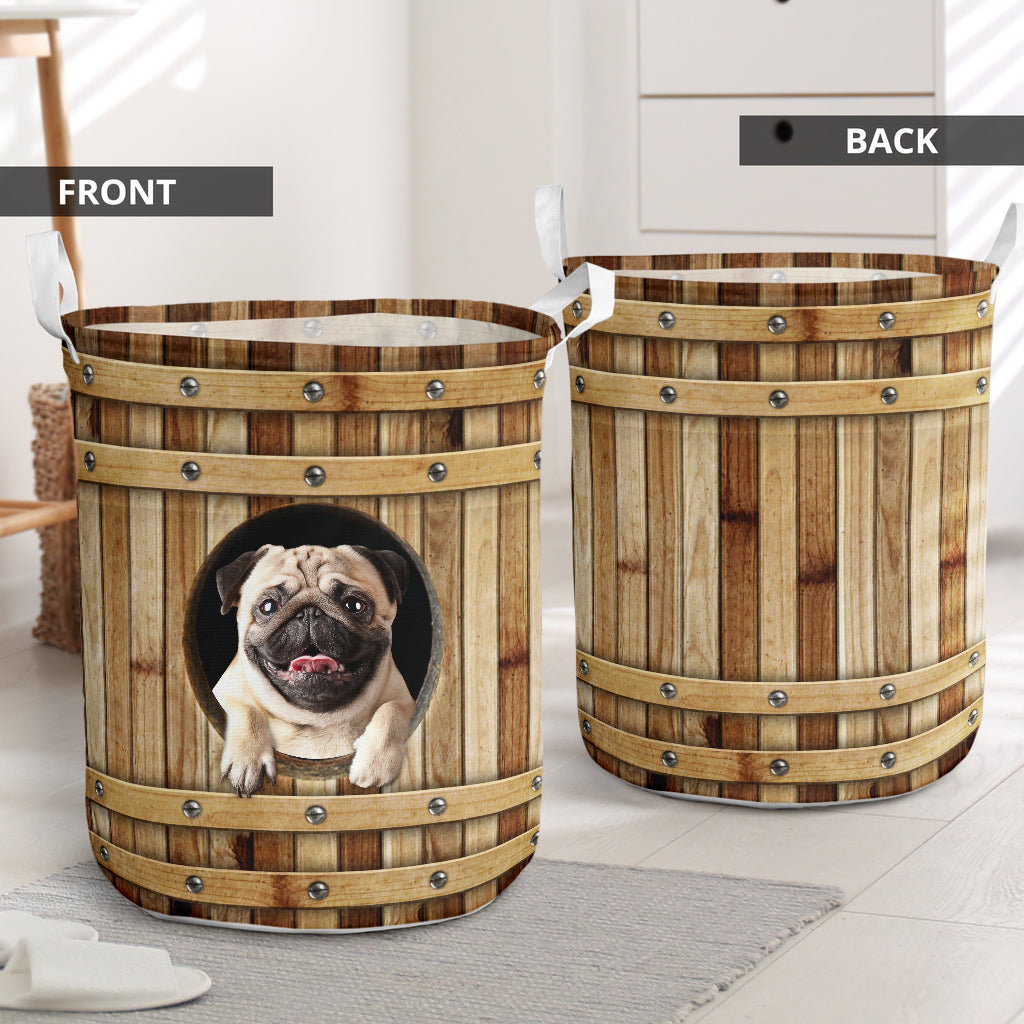 Pug Dog Wooden Barrel Laundry Basket For Room Home Organizer