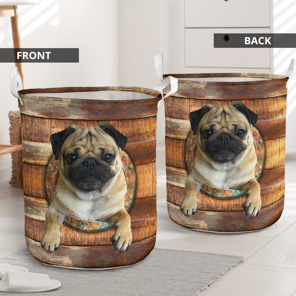 Pug Wood Vintage Laundry Basket For Room Home Organizer