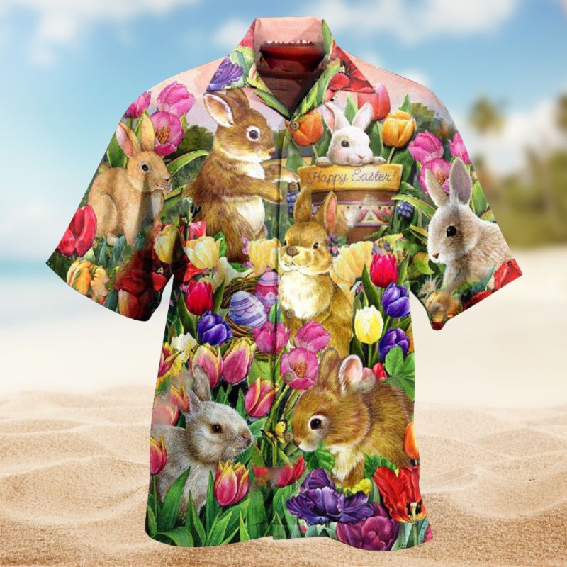 Rabbit Tulip Garden Hawaiian Shirt For Summer Vacation, Beach Travel, And Casual Wear