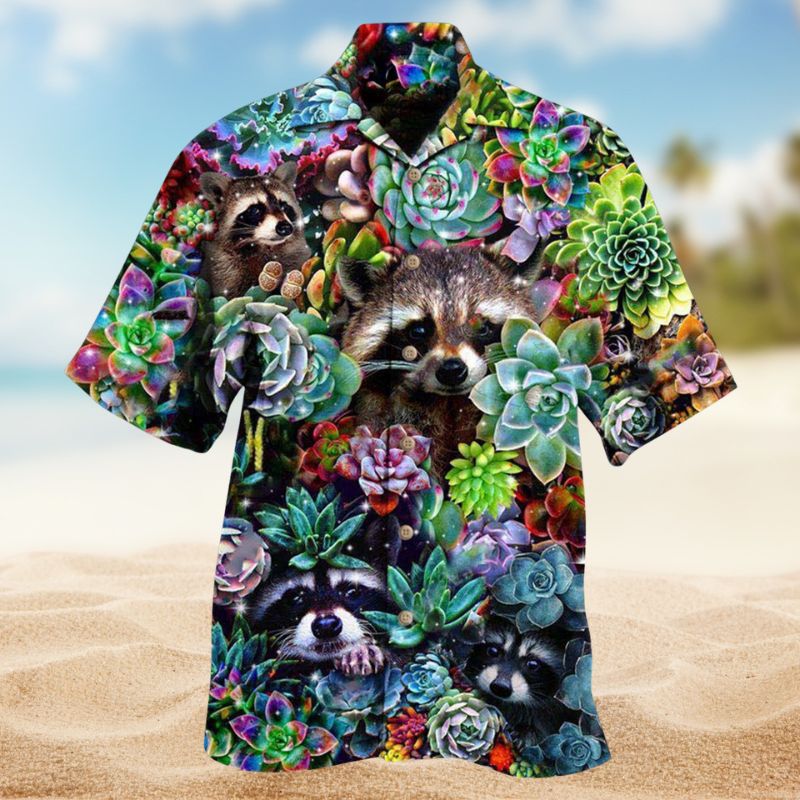 Raccoon Succulent Hawaiian Shirt For Island Vacations, Resort Wear, And Relaxed Seasonal Style