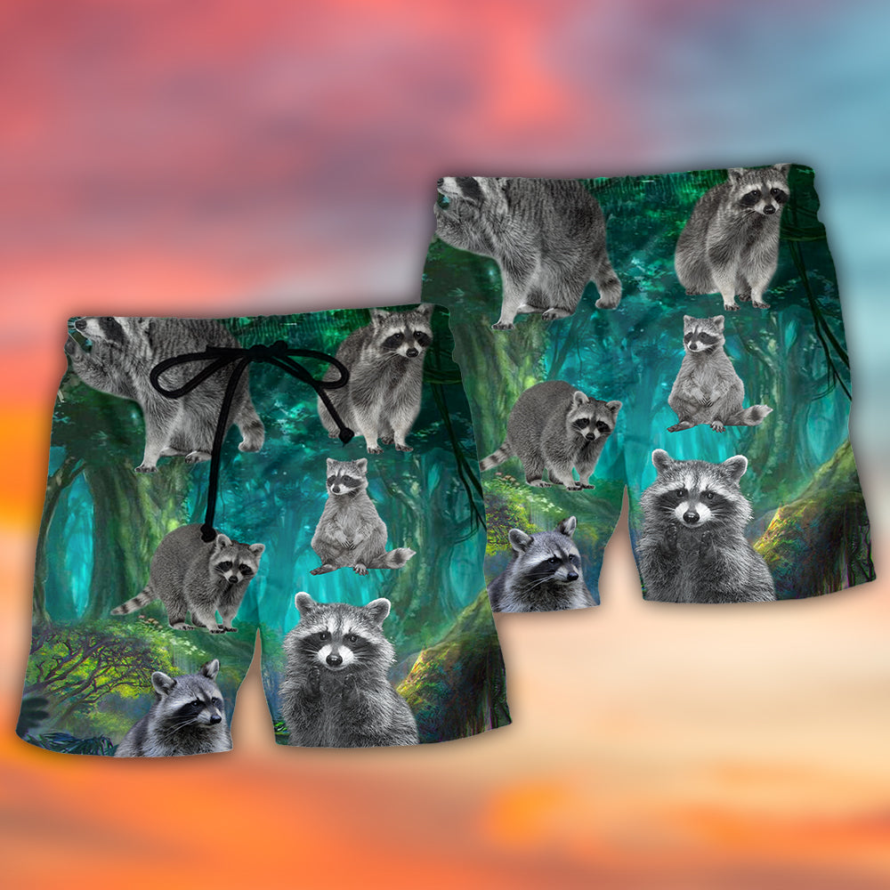 Raccoon Green Nature Beach Shorts Design View For Poolside Relaxation And Holiday Trips