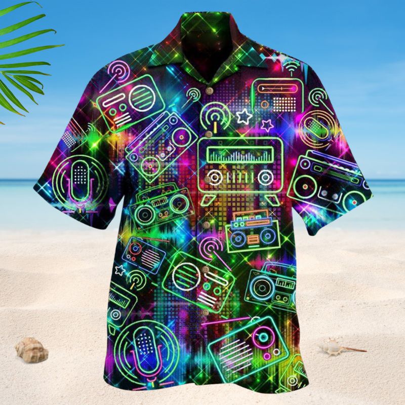 Radio Creative Pattern Hawaiian Shirt For Island Vacations, Resort Wear, And Relaxed Seasonal Style