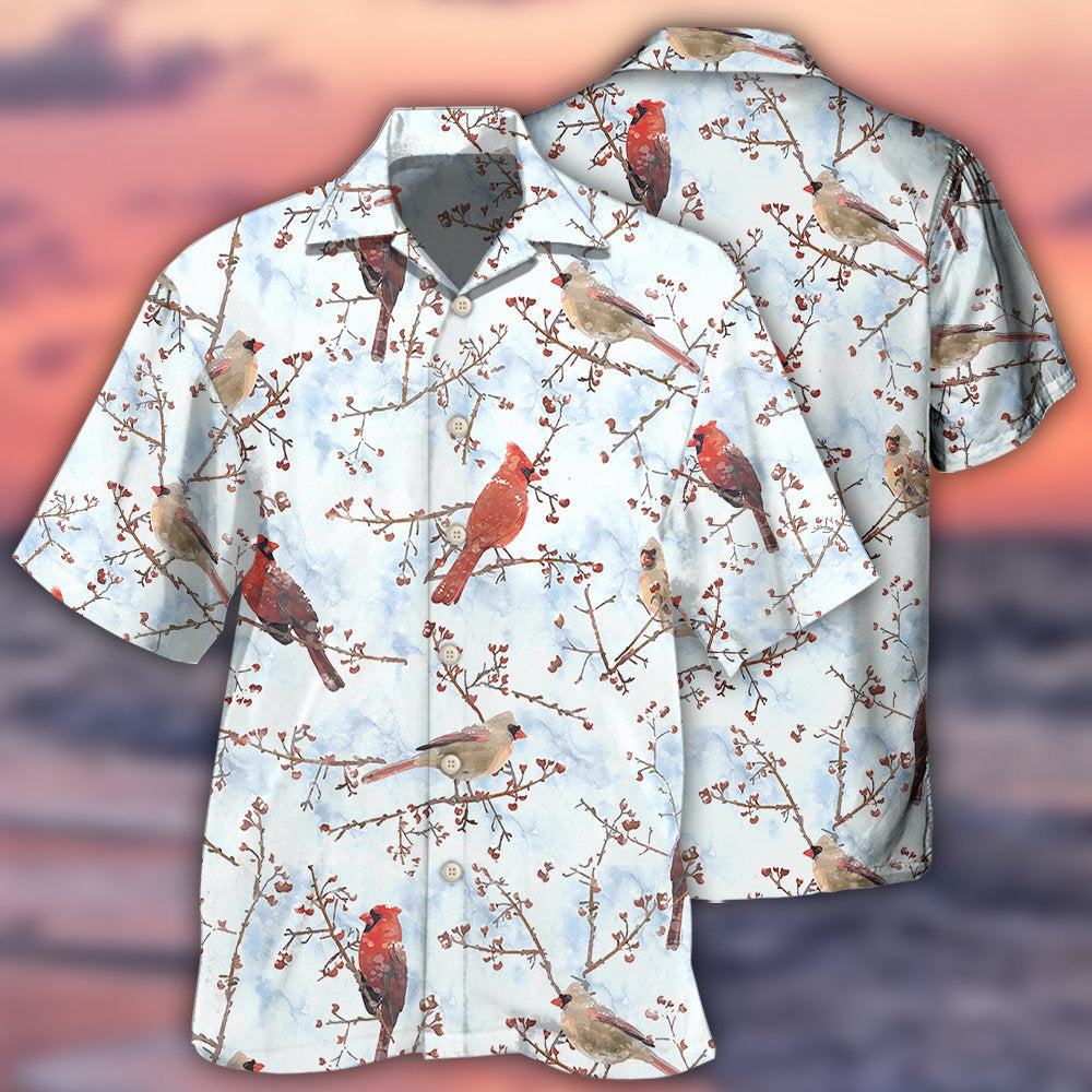 Creative Winter Red Cardinals Nature Hawaiian Shirt For Tropical Holidays, Outdoor Gatherings, And Everyday Comfort