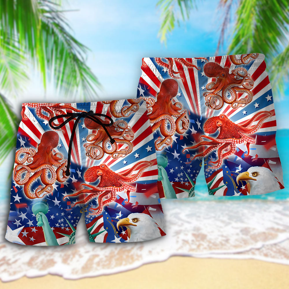 Patriotic Octopus USA Independence Day Beach Shorts Pattern View For Vacation Travel And Outdoor Fun