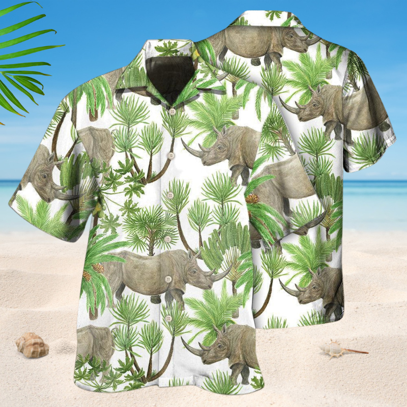 Tropical Rhino Leaf Hawaiian Shirt For Tropical Holidays, Outdoor Gatherings, And Everyday Comfort