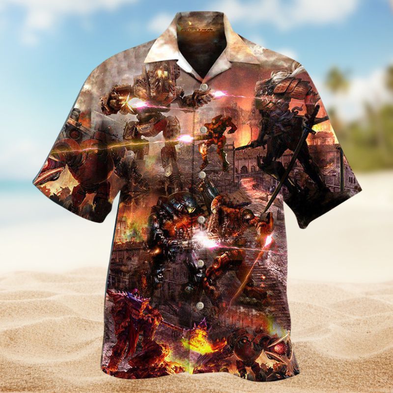 Robot Battle Field Hawaiian Shirt For Tropical Holidays, Outdoor Gatherings, And Everyday Comfort