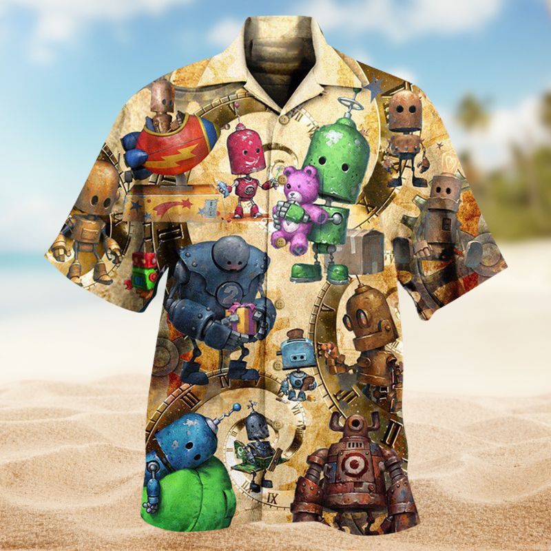 Robot Soft Hearts Hawaiian Shirt For Summer Vacation, Beach Travel, And Casual Wear