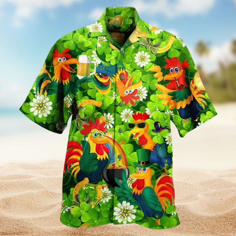 Rooster Luck Shamrock Hawaiian Shirt For Summer Vacation, Beach Travel, And Casual Wear