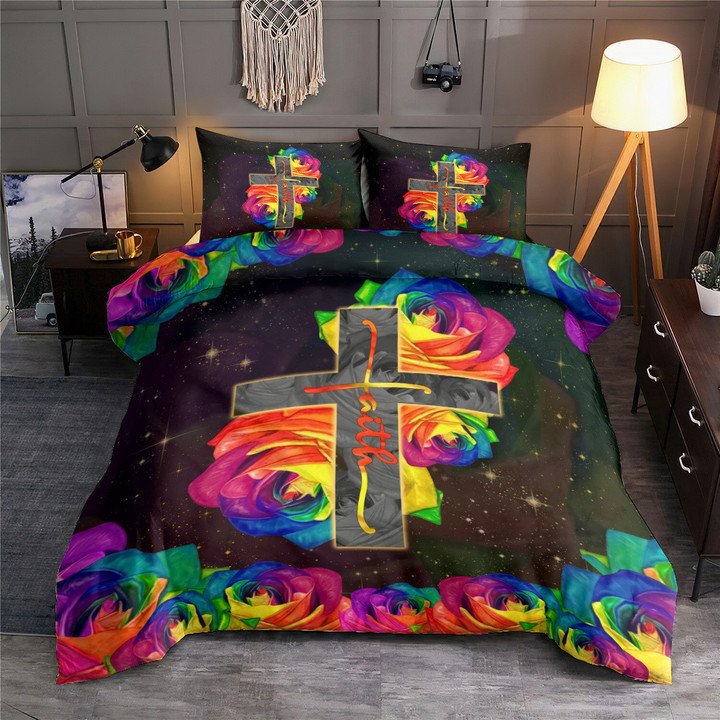 Jesus Rose Cross Rainbow Faith Bedding Cover For Faith Bedroom Decor
