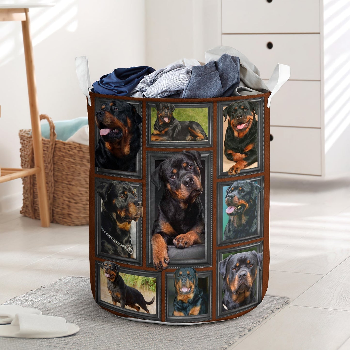 Cute Rottweiler Is Relaxing Laundry Basket For Bathroom Bedroom Storage