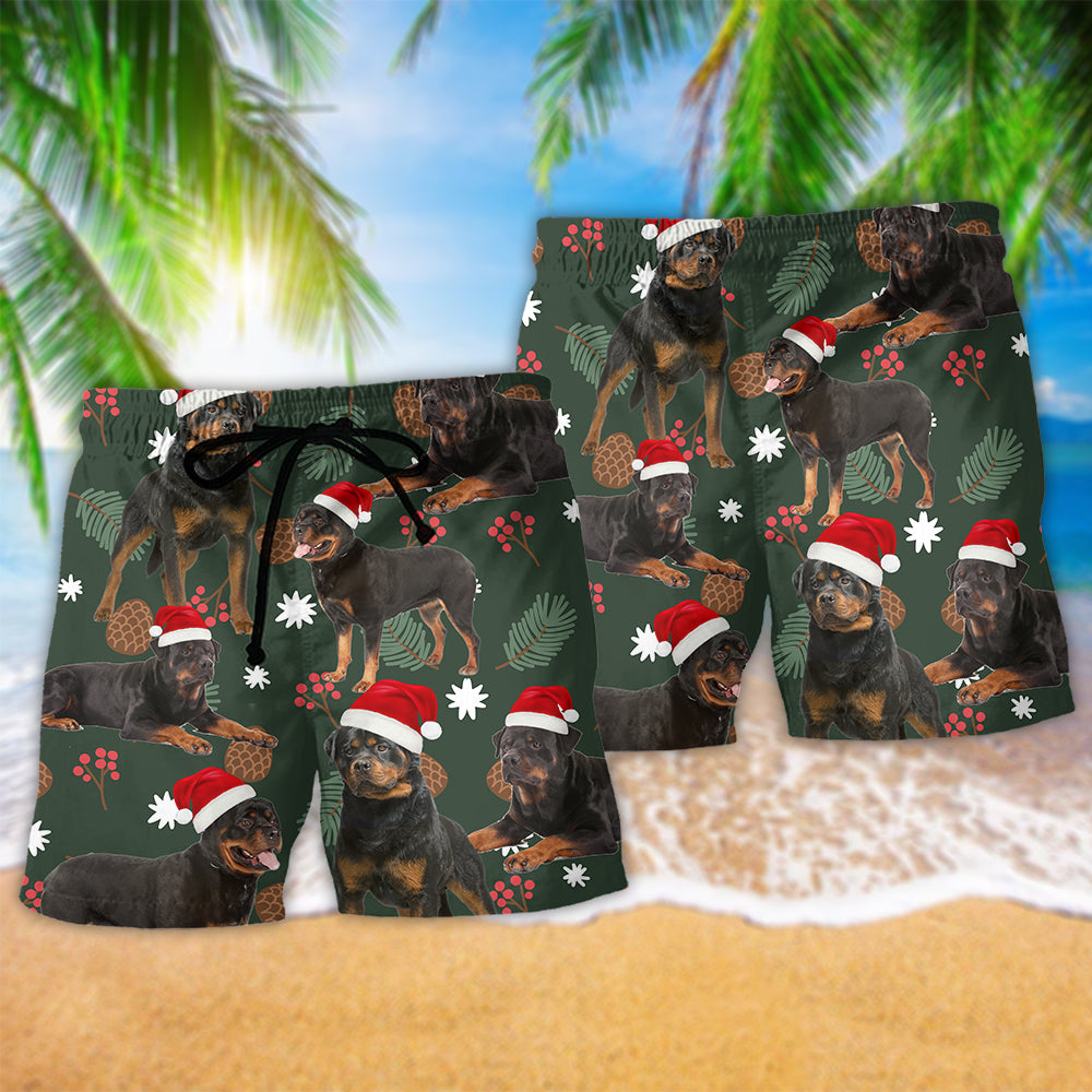 Rottweiler Dog Merry Christmas Holiday Beach Shorts Pattern Detail For Cruise Vacations And Easygoing Coastal Style