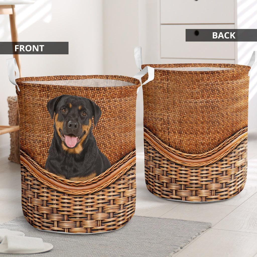 Rottweiler Dog Rattan Texture Laundry Basket For Room Home Organizer