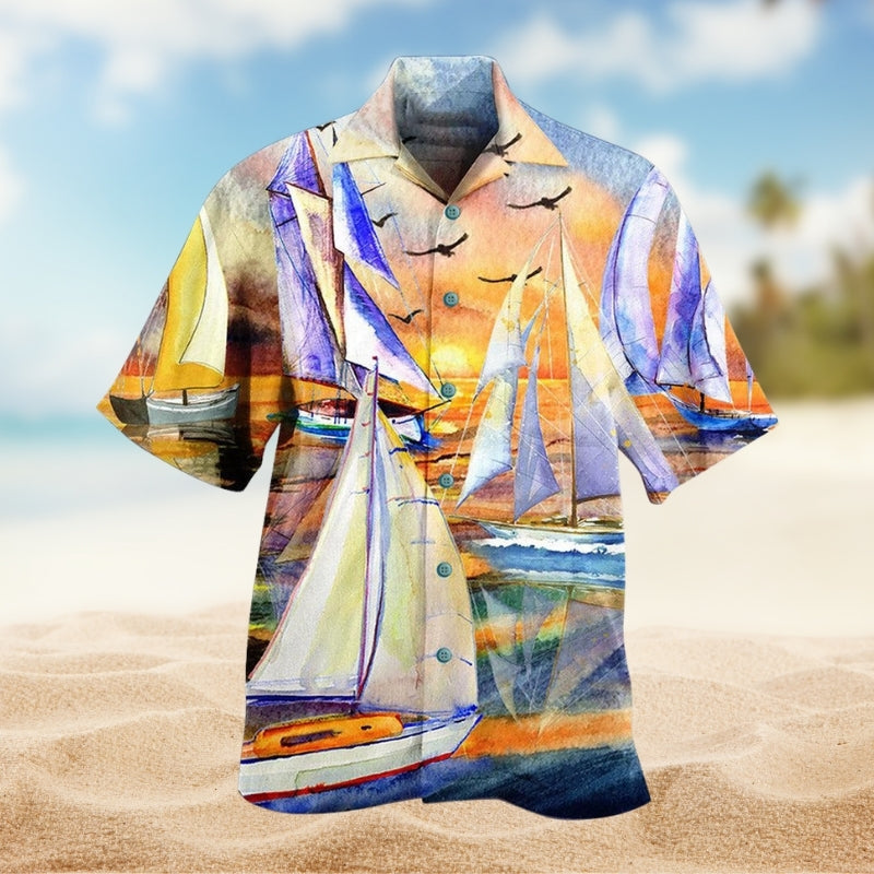 Sail Beach Sunset Hawaiian Shirt For Tropical Holidays, Outdoor Gatherings, And Everyday Comfort