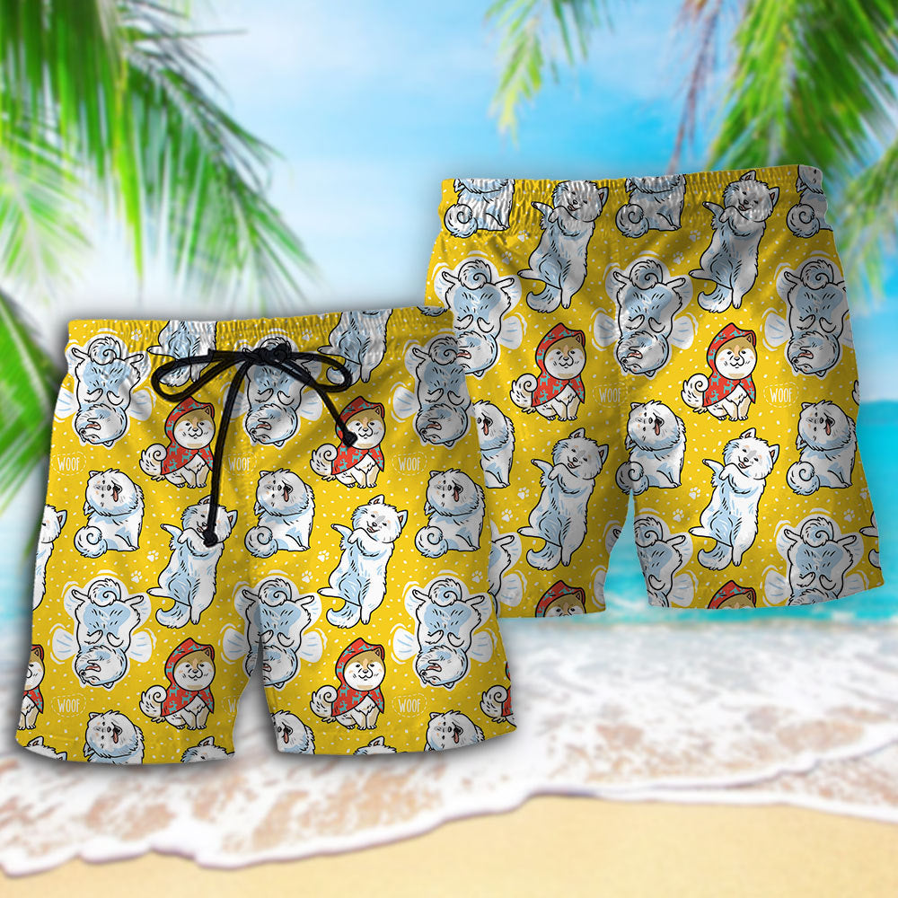 Samoyed Sunshine Yellow Dog Lover Beach Shorts Design Detail For Casual Warm Weather Outfits