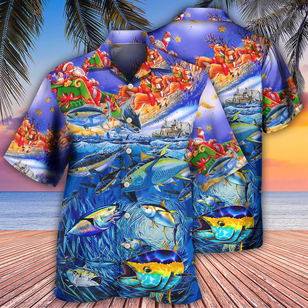 Festive Fishing Holiday Ocean Hawaiian Shirt Pattern View For Relaxed Warm Weather Outfits