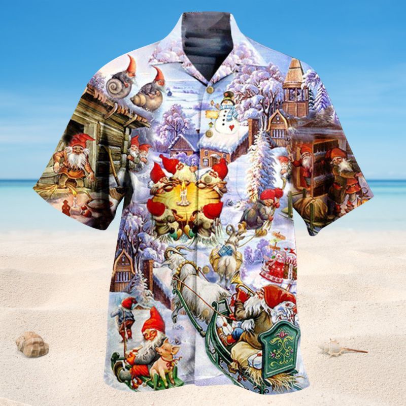 Santa Gnomes Hawaiian Shirt For Winter Celebrations, Beach Travel, And Relaxed Holiday Wear