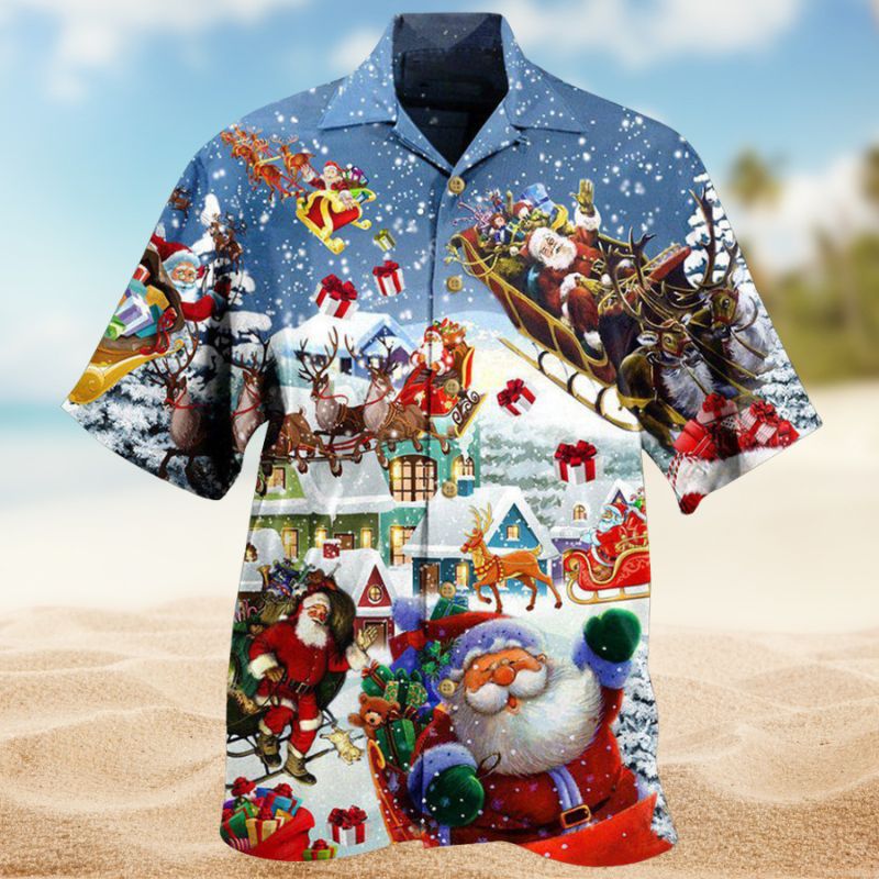 Santa Sleigh Greeting Hawaiian Shirt For Summer Vacation, Beach Travel, And Casual Wear