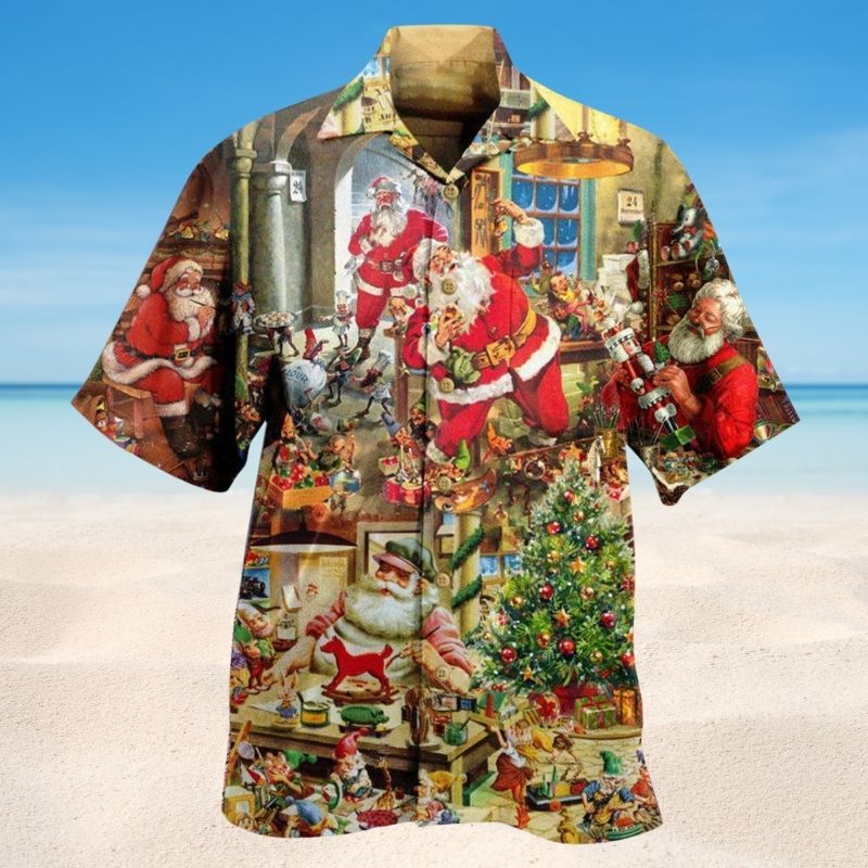 Santa Toy Workshop Hawaiian Shirt For Coastal Travel, Casual Events, And Comfortable Summer Wear