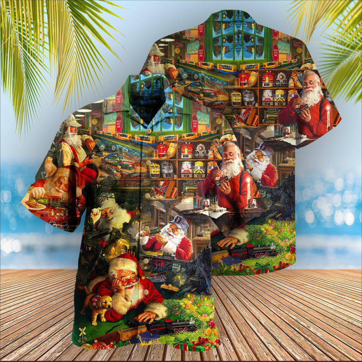 Train Christmas Santa Toys Factory Hawaiian Shirt Pattern Detail For Vacation Travel And Daily Wear