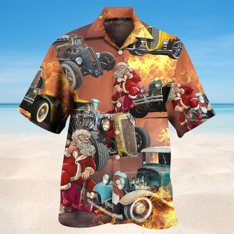 Santa'S Hot Rod Fire Hawaiian Shirt For Beach Days, Summer Outings, And Thoughtful Gift Giving