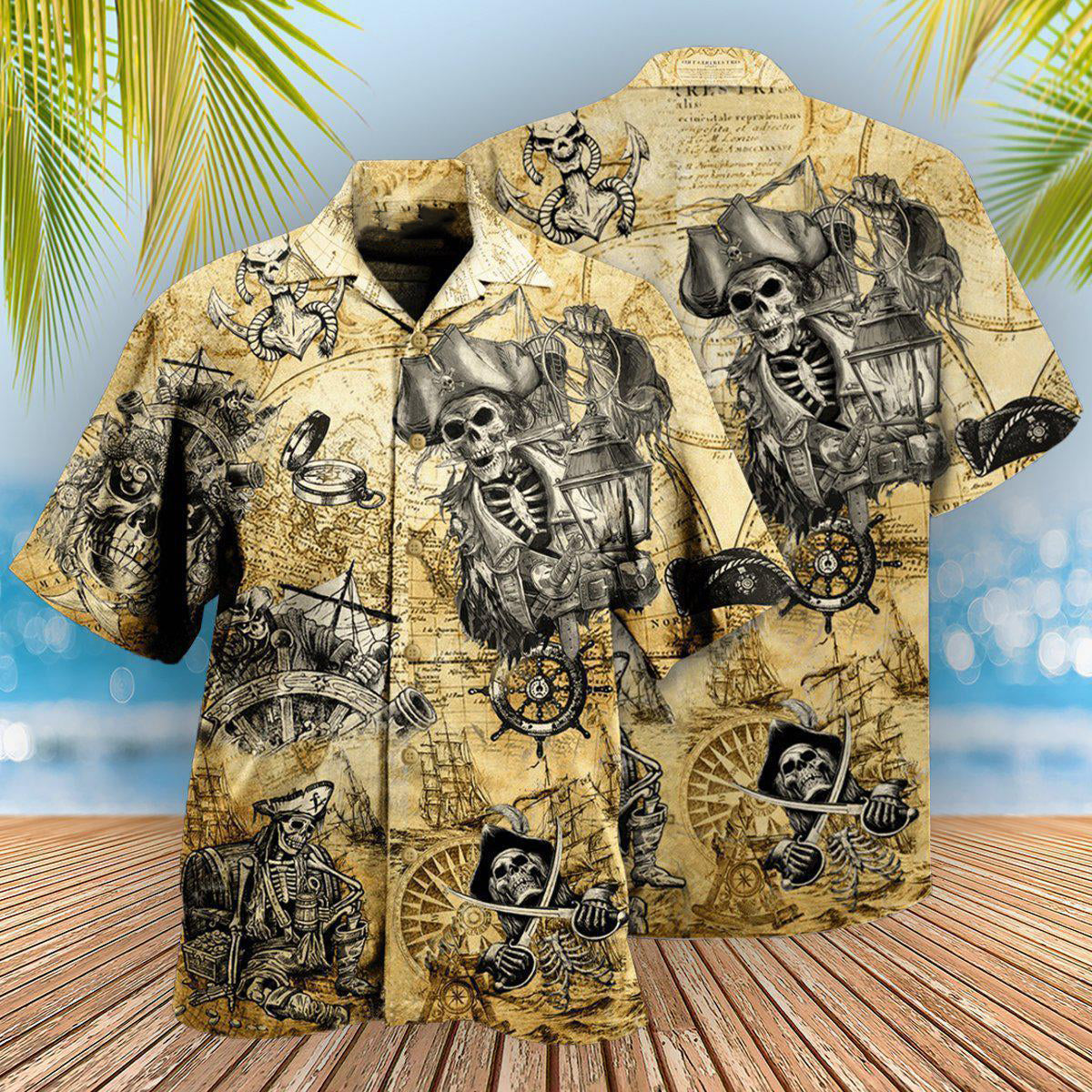 Skull Nautical Pirate Ship Ride Hawaiian Shirt For Summer Vacation And Beach Travel