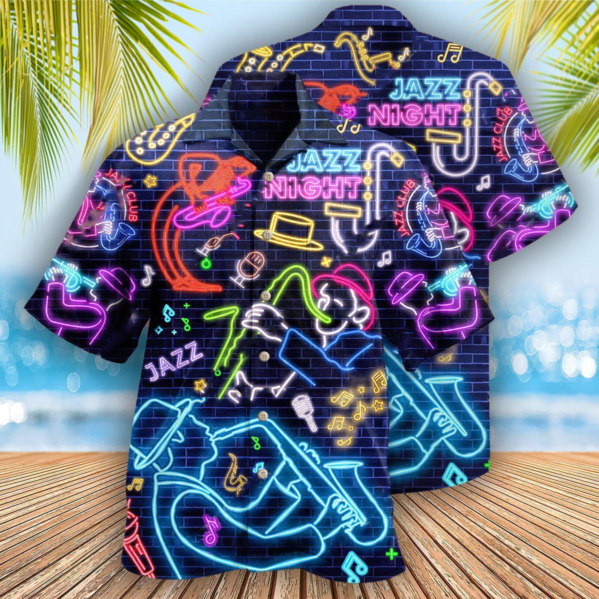 Neon Saxophone Hawaiian Shirt With All Over Print For Tropical Holiday Resort Parties And Everyday Style