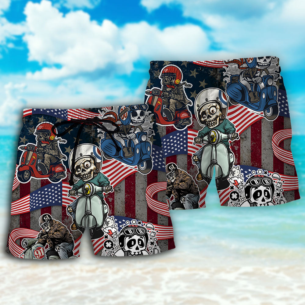 Scooter Skeleton USA Flag Celebration Beach Shorts Pattern View For Resort Days And Outdoor Activities