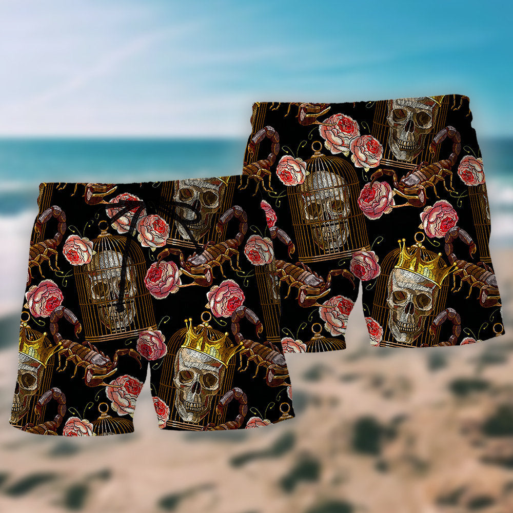 Skull Scorpion Rose Dark Beach Shorts Pattern Detail For Relaxed Warm Weather Outfits
