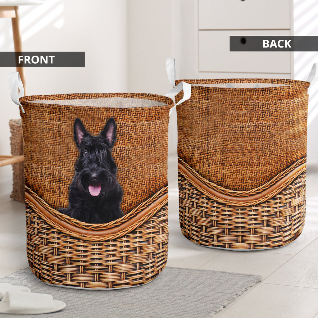 Scottish Terrier Dog Rattan Texture Laundry Basket For Room Home Organizer