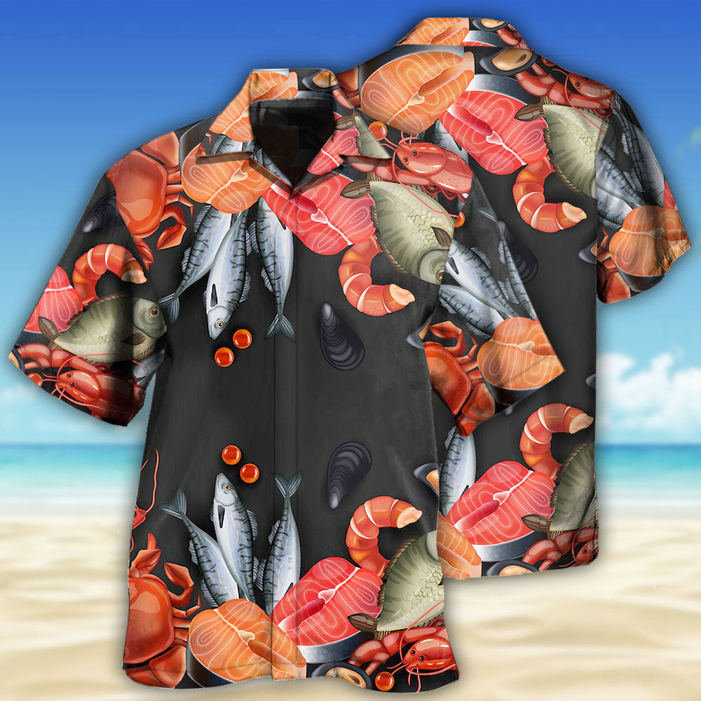 Seafood Ocean Food Theme Hawaiian Shirt For Summer Vacation, Beach Travel, And Casual Wear