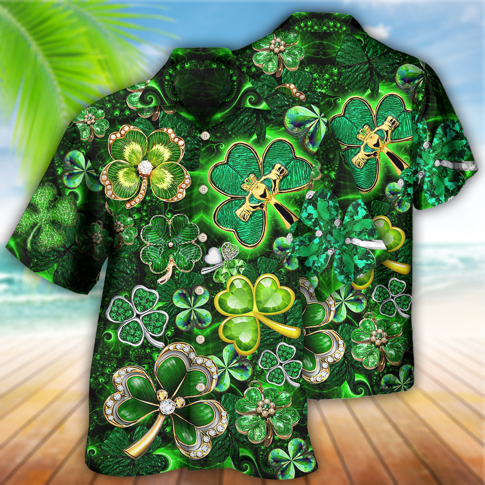 Irish Shamrock Leaf Diamond Hawaiian Shirt Pattern Detail For Vacation Travel And Daily Wear