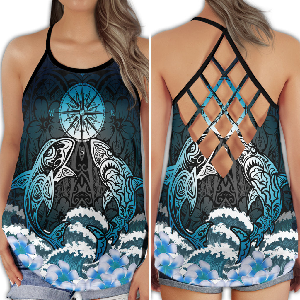 Shark Ocean Predator Artistic Marine Life Art Hollow Tank Top For Beach Vacations And Casual Wear