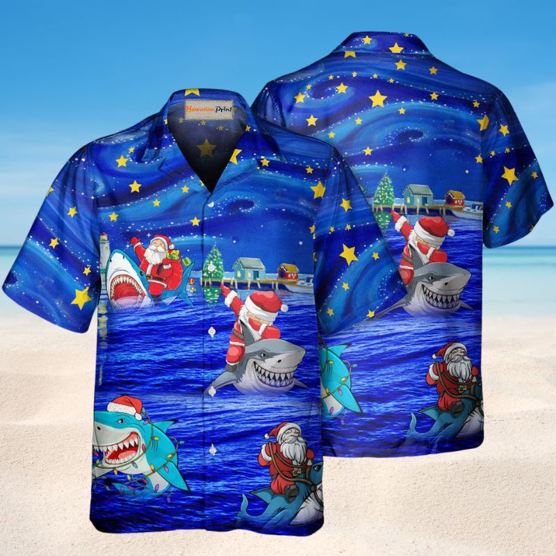 Funny Shark Santa Christmas Hawaiian Shirt For Festive Events, Island Vacations, And Comfortable Casual Outfits