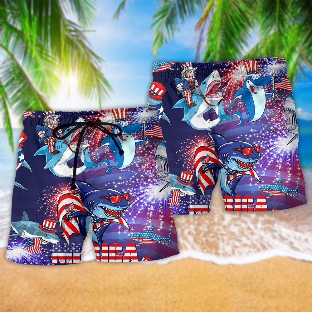 Patriotic Shark America Beach Shorts Pattern Detail For Poolside Fun And Laid Back Daily Wear