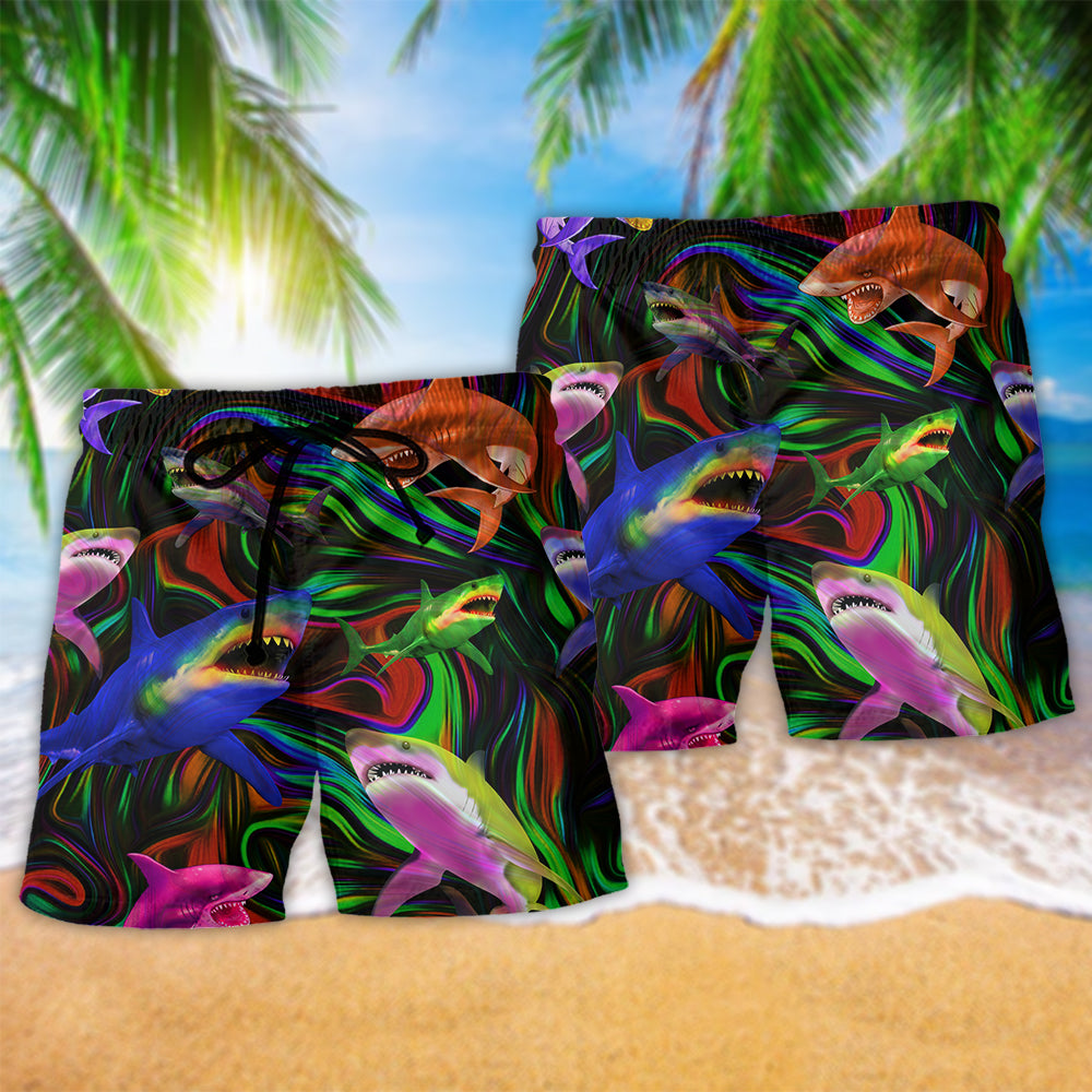 Shark Style Lover Dark Colors Hawaiian Print Beach Shorts For Resort Trips And Poolside Style