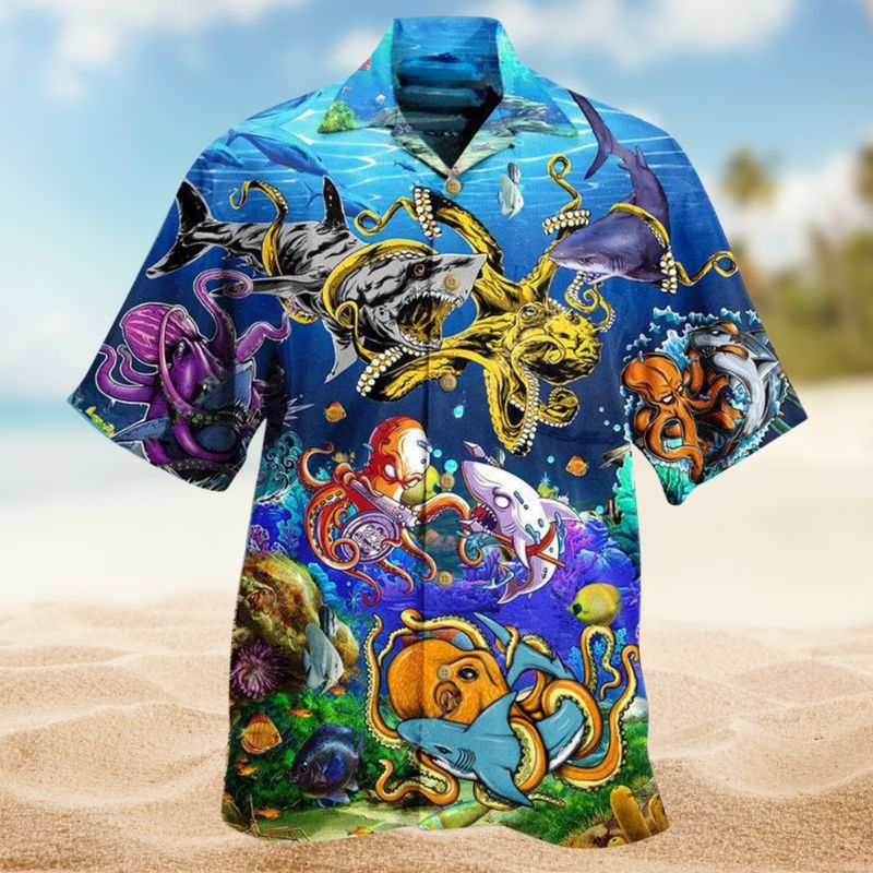 Shark Octopus Hawaiian Shirt For Animal Lovers, Beach Travel, And Casual Summer Style