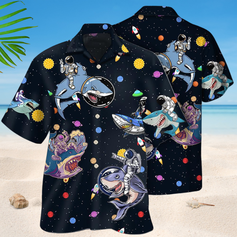 Galaxy Shark Astronaut Hawaiian Shirt For Island Vacations, Weekend Events, And Relaxed Everyday Outfits