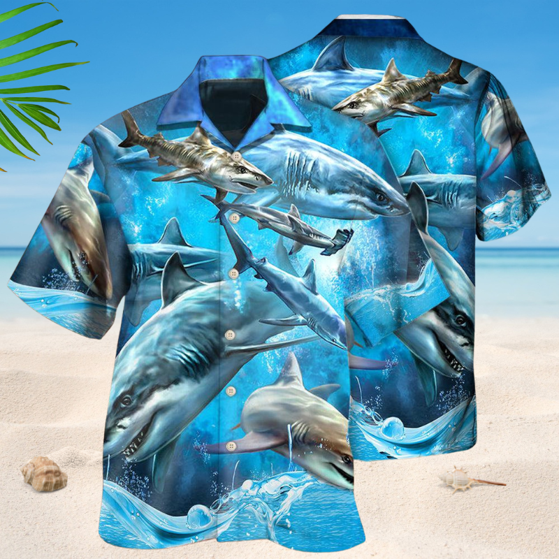 Shark Blue Ocean Hawaiian Shirt For Coastal Travel, Casual Events, And Comfortable Summer Wear