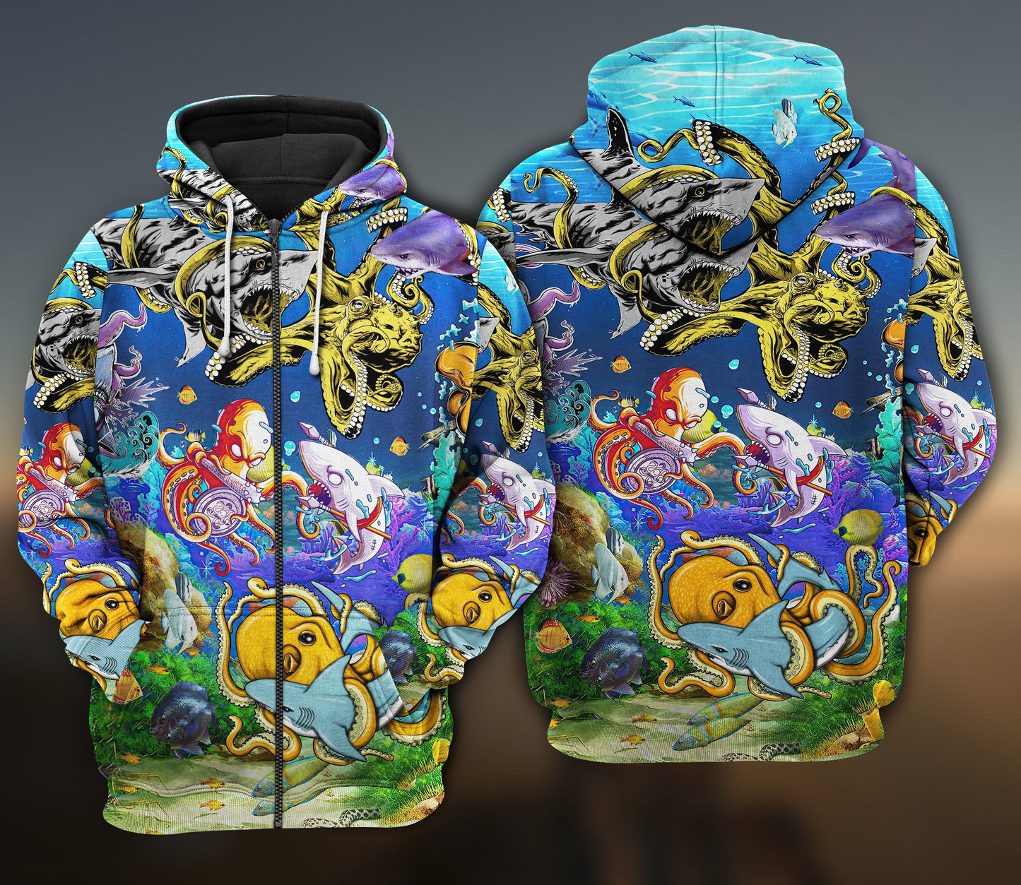 Shark Fighting Octopus Ocean Hoodie For Coastal Adventures Vacation Days And Comfortable Casual Wear