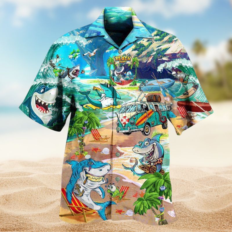 Sharks Skeletons Beach Party Hawaiian Shirt For Summer Vacation, Beach Travel, And Casual Wear
