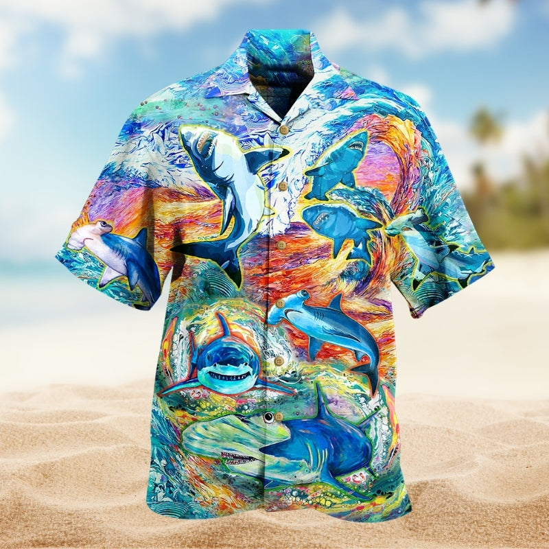 Watercolor Colorful Sharks Hawaiian Shirt For Resort Trips, Coastal Parties, And Warm Weather Style