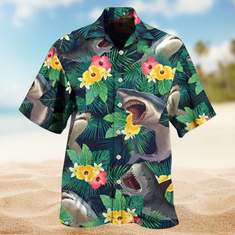 Tropical Summer Sharks Hawaiian Shirt For Tropical Holidays, Outdoor Gatherings, And Everyday Comfort