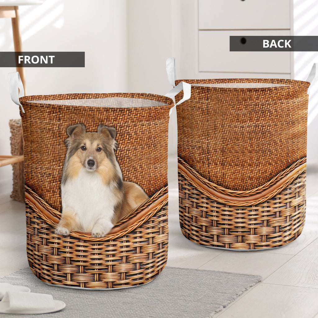 Shetland Sheepdog Rattan Texture Laundry Basket For Room Home Organizer
