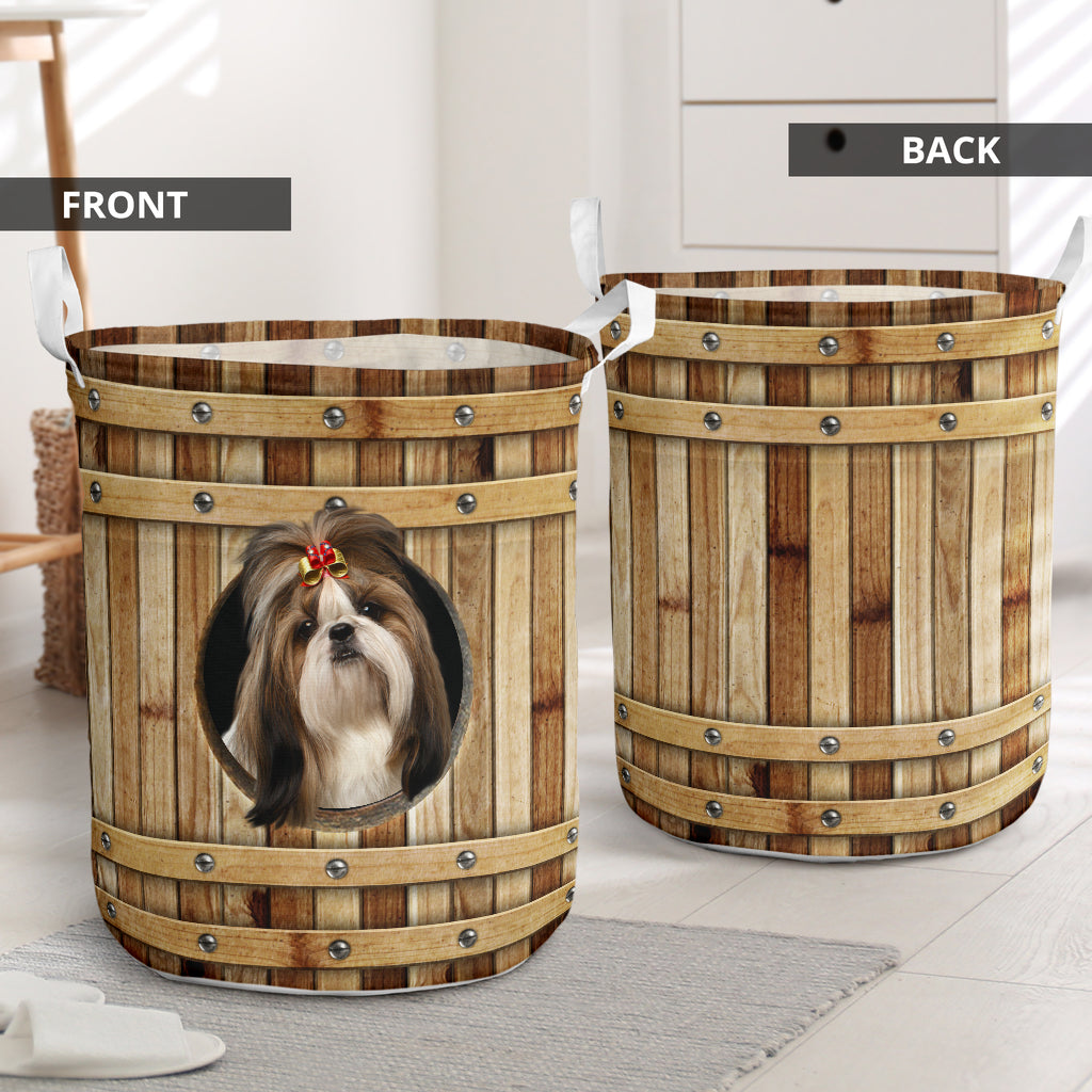 Shih Tzu Wooden Barrel Laundry Basket For Room Home Organizer