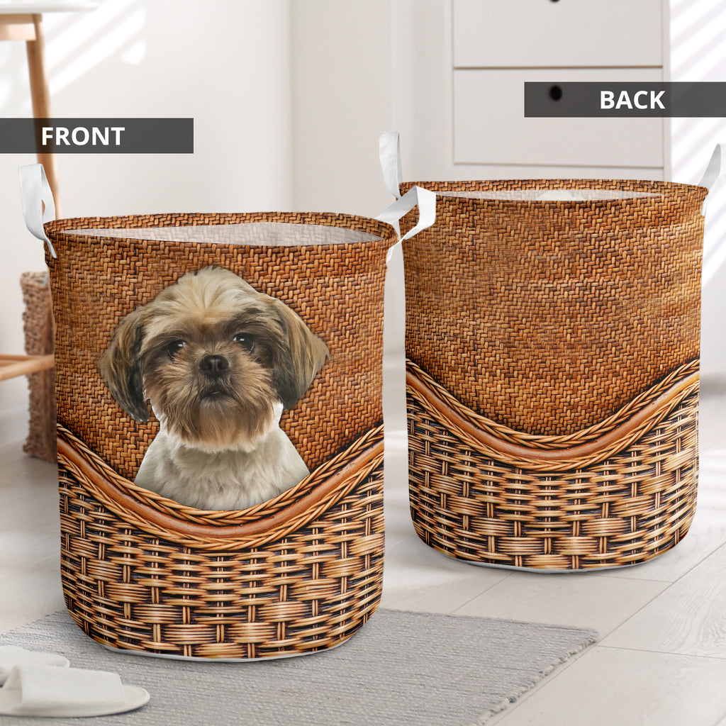 Shih Tzu Dog Rattan Texture Laundry Basket For Room Home Organizer