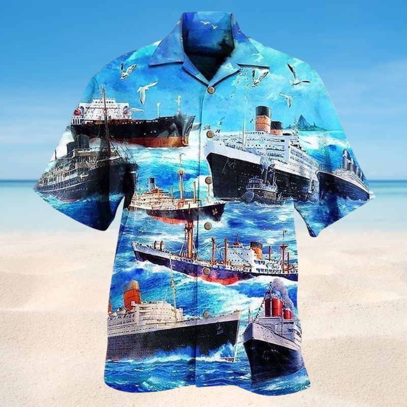 Ships Ocean Sky Hawaiian Shirt For Coastal Travel, Casual Events, And Comfortable Summer Wear