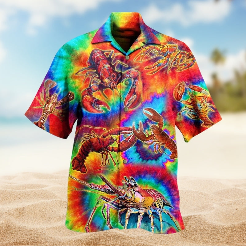 Shrimp Red Rainbow Hawaiian Shirt For Resort Trips, Coastal Parties, And Warm Weather Style